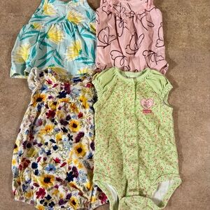 4 Pack Floral and Patterned Baby Rompers Set Size 6 Months Excellent Condition